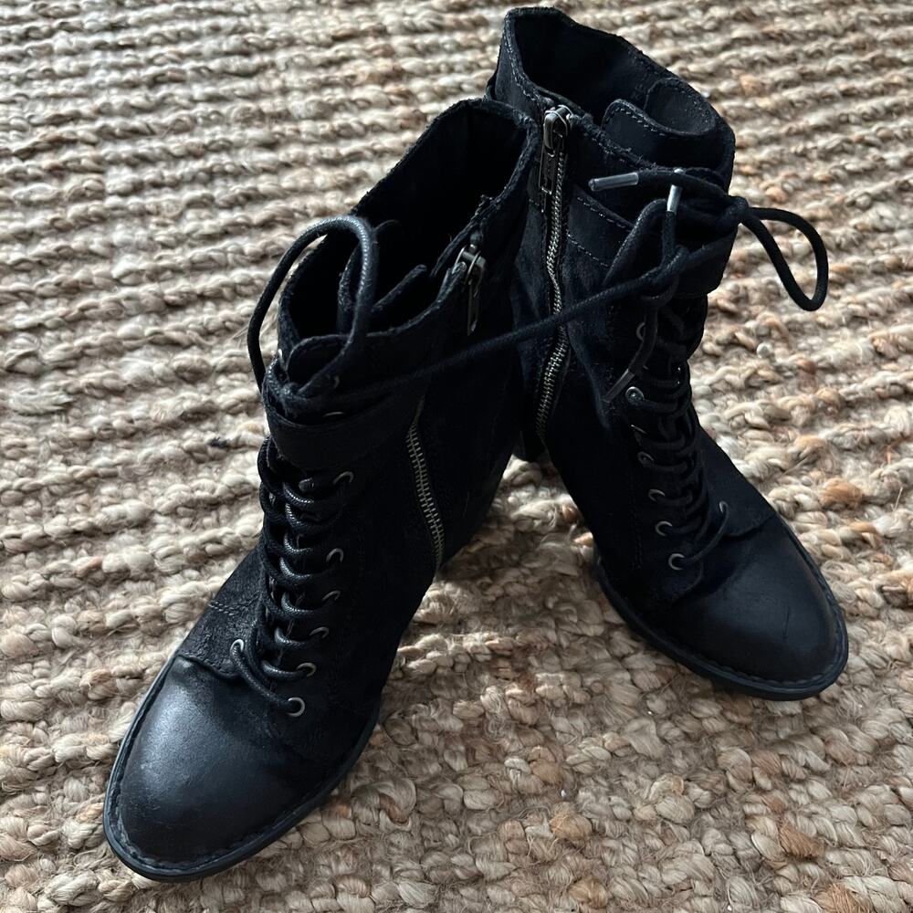Born Cass Women's Ankle Boots Black Leather Lace Up Block Heel Zip Size 7
